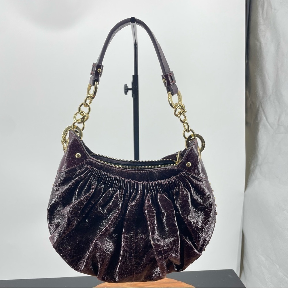 Kate Landry Purple patent Clutch Purse gold hardware studs